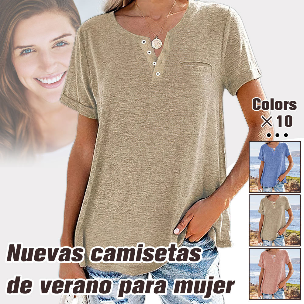Manga corta con bolsillo de color liso de verano para mujer