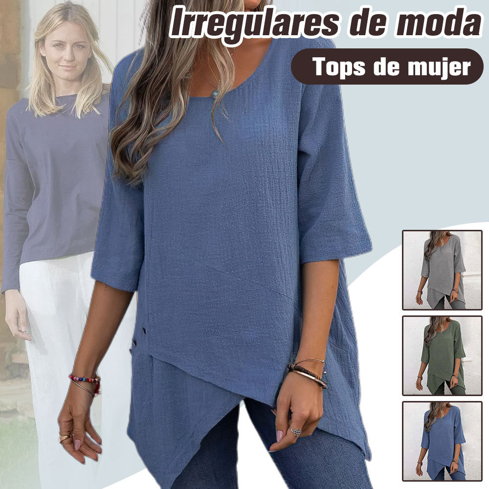 Camisa de mujer de algodón y lino con cuello redondo y media manga