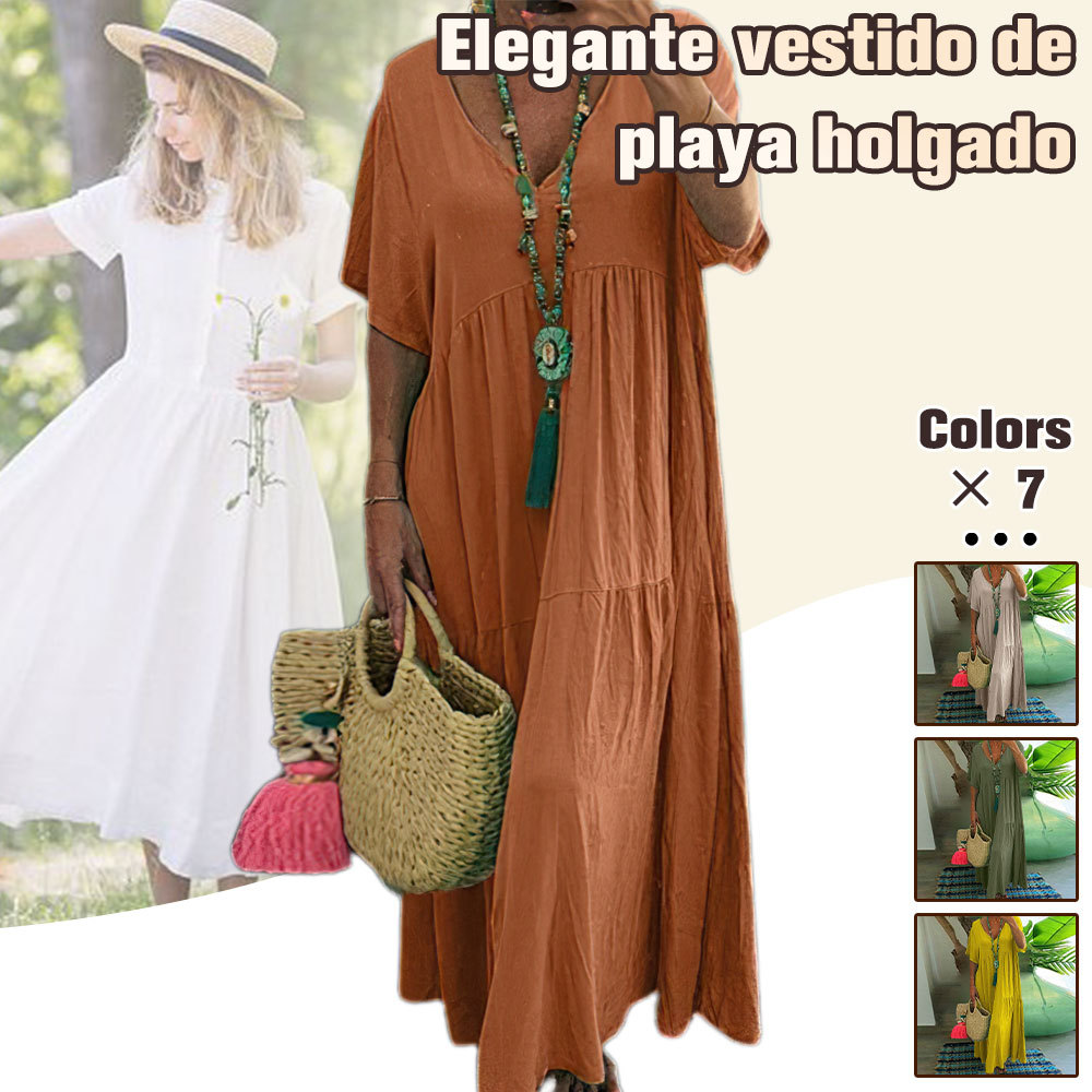 Vestido largo de playa de mujer en algodón y lino con cuello de pico