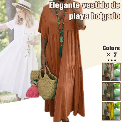 Vestido largo de playa de mujer en algodón y lino con cuello de pico