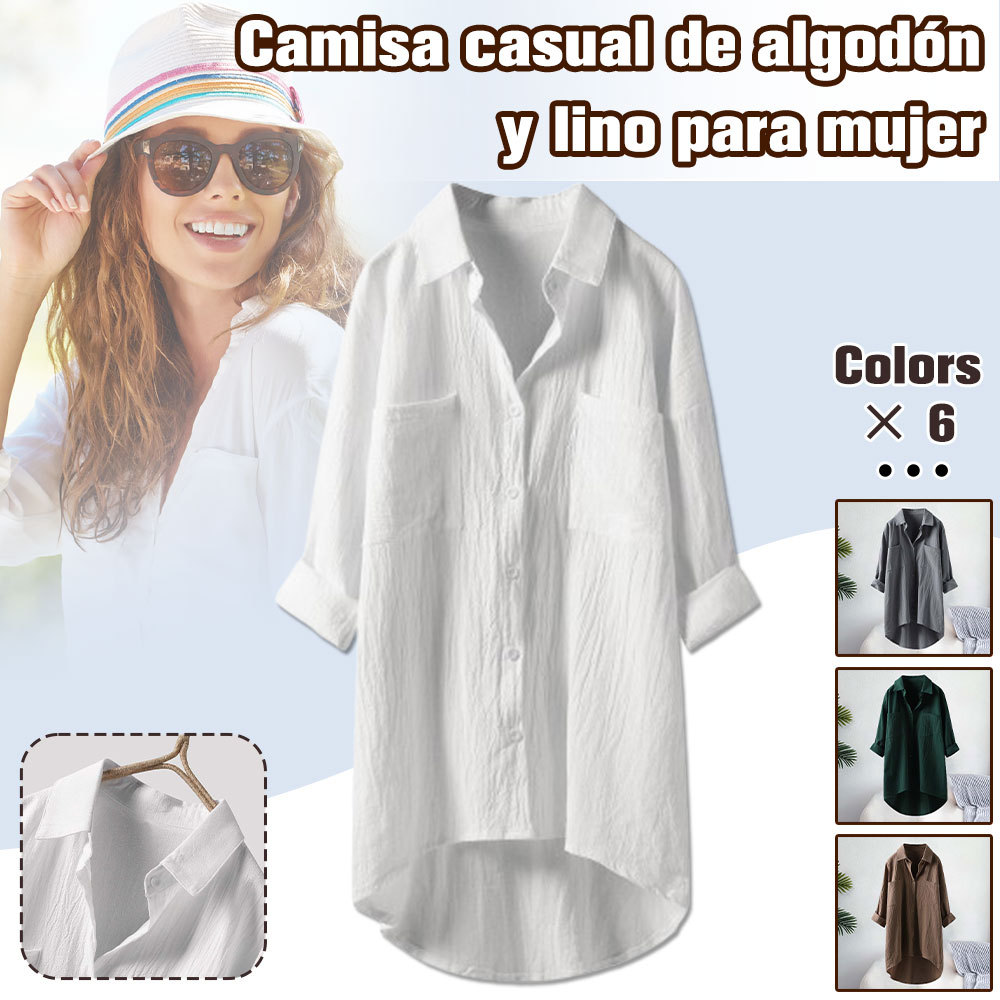 Camisa casual de mujer de algodón y lino de color liso