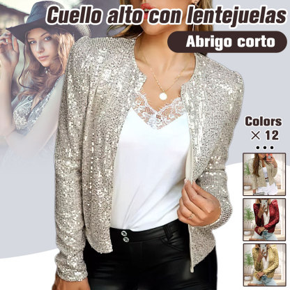 Abrigo corto con lentejuelas y cuello alto de moda para mujer