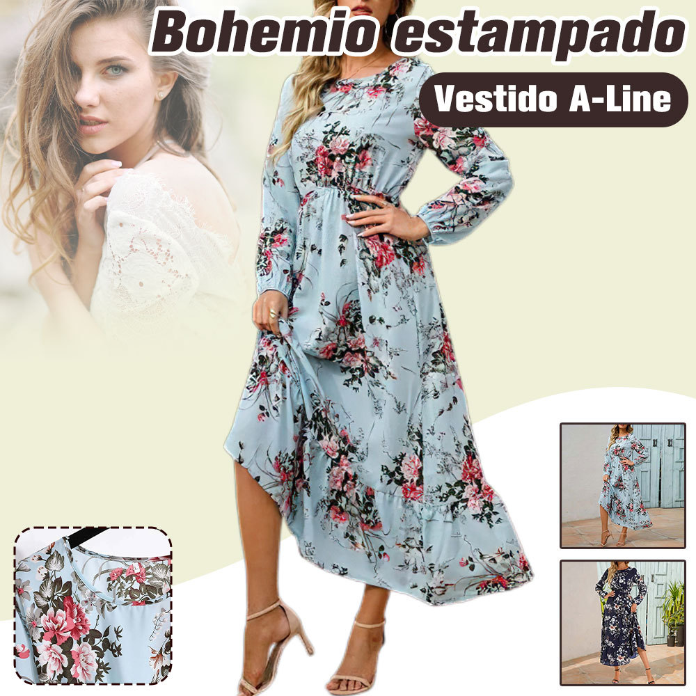 Vestido bohemio de manga larga con estampado de volantes