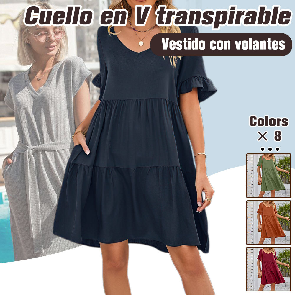 Vestido de playa suelto con volantes y cuello en V informal de verano