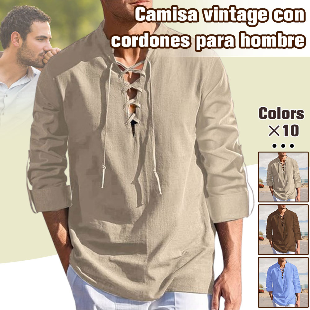 Camisa de hombre de manga larga con cuello alto de algodón y lino