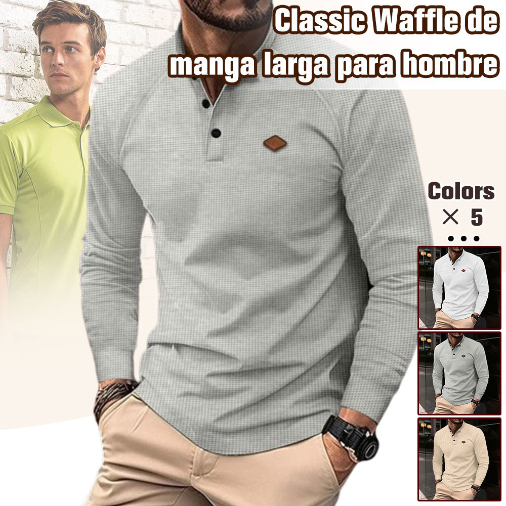 Polo de manga larga tipo gofre para hombre, primavera y otoño, 2024