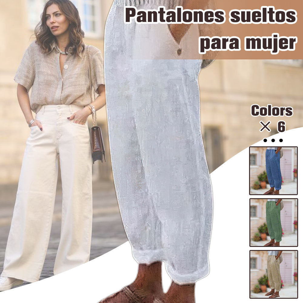 Verano nuevos pantalones sueltos de algodón y lino de color sólido
