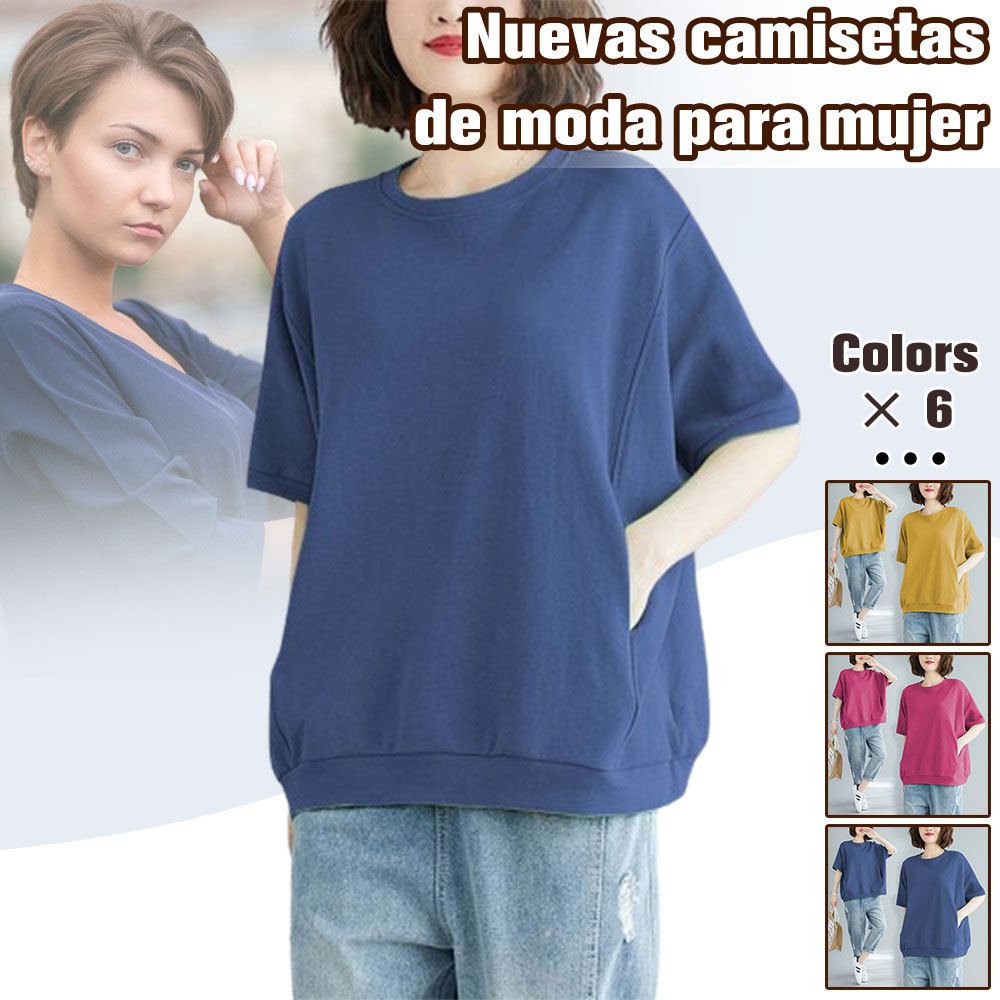 Camiseta holgada de cuello redondo de color liso para mujer de verano