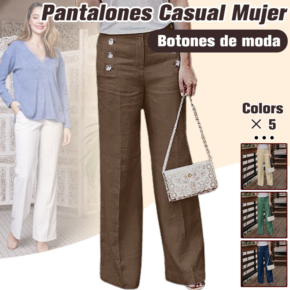 Pantalones anchos de algodón y lino de cintura alta para mujer