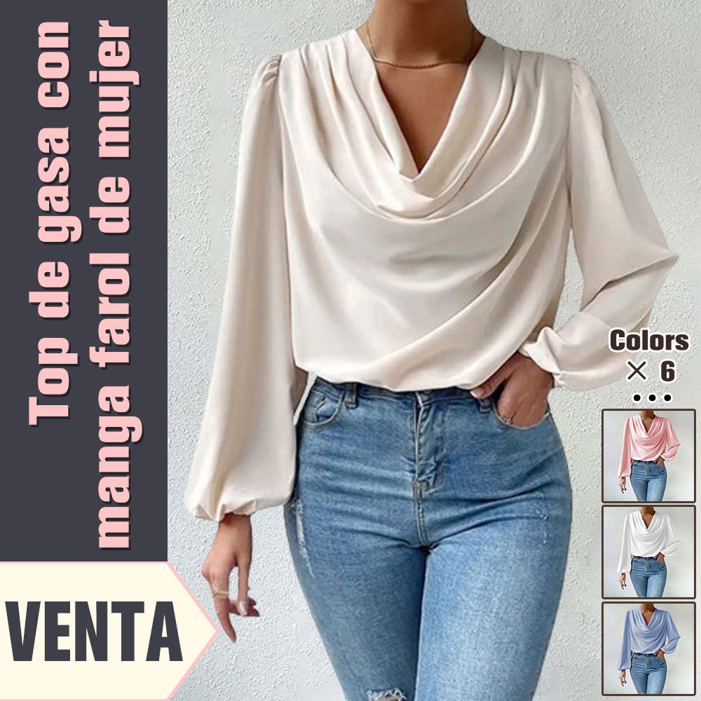 Camisa de gasa cómoda con mangas farol para mujer