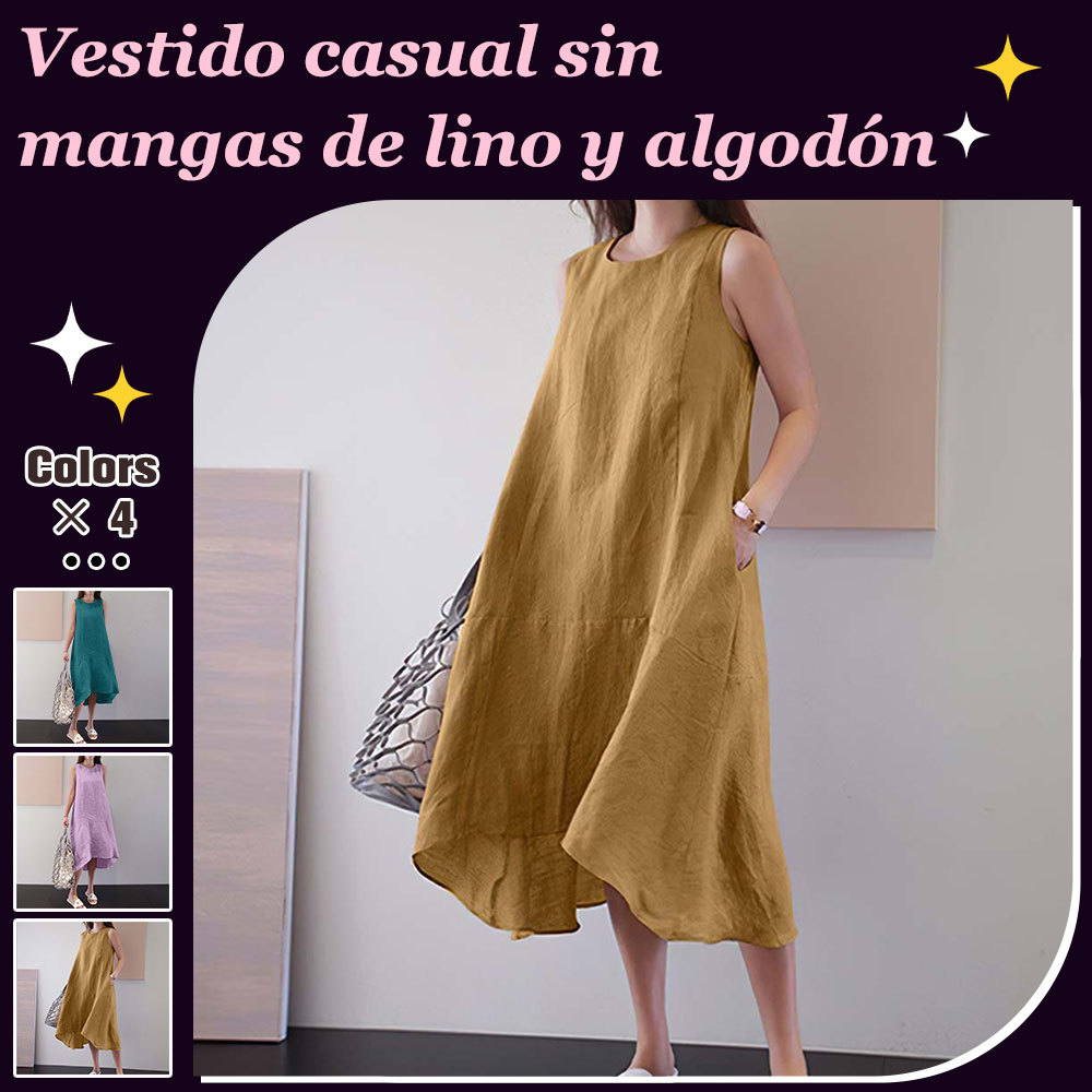 Vestido de playa suelto de algodón y lino de verano para mujer