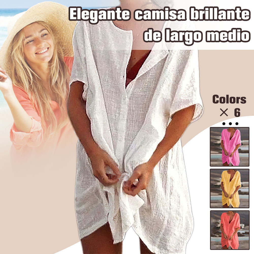 Camisa de manga corta holgada de color liso y longitud media para mujer