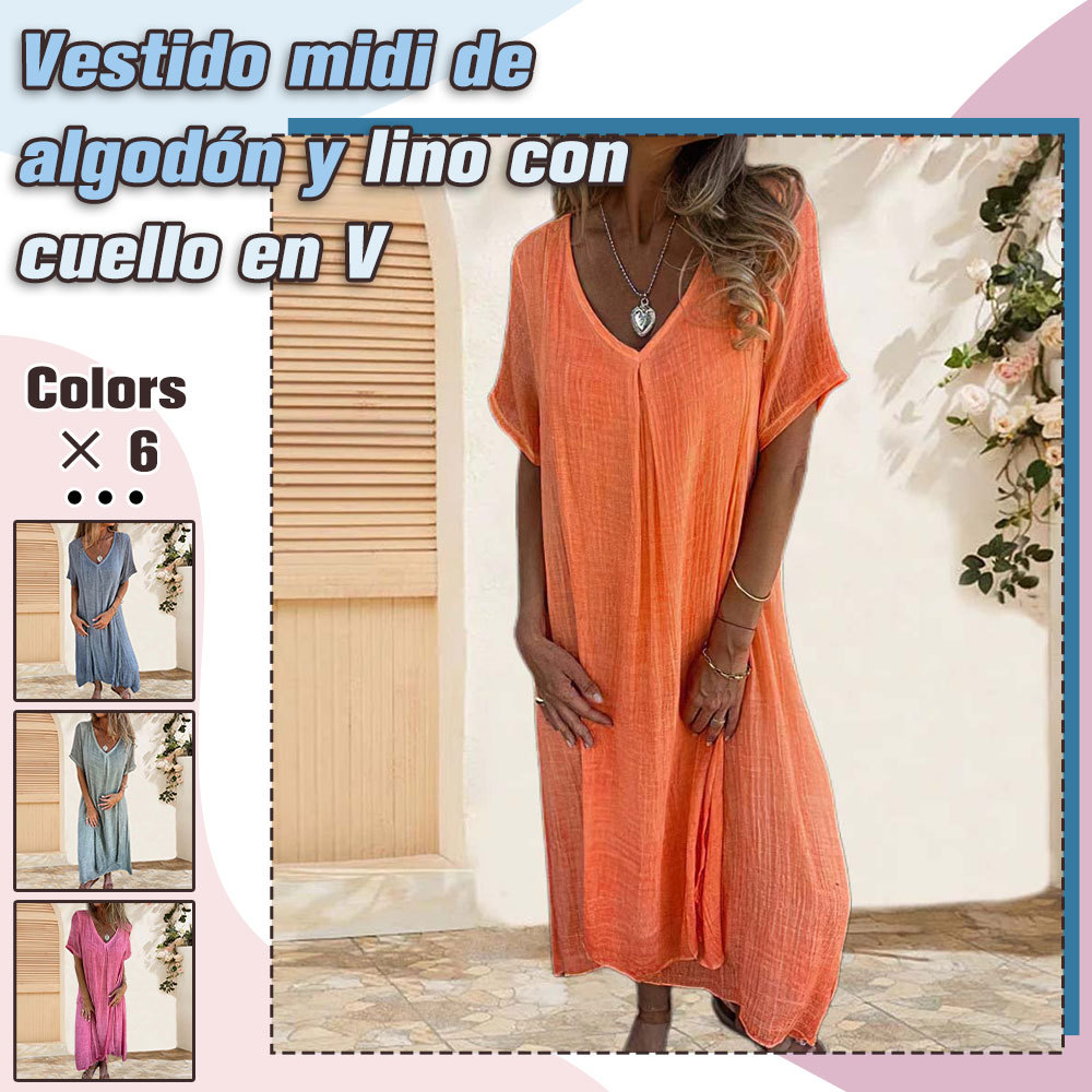 Vestido de playa suelto de algodón y lino de verano para mujer