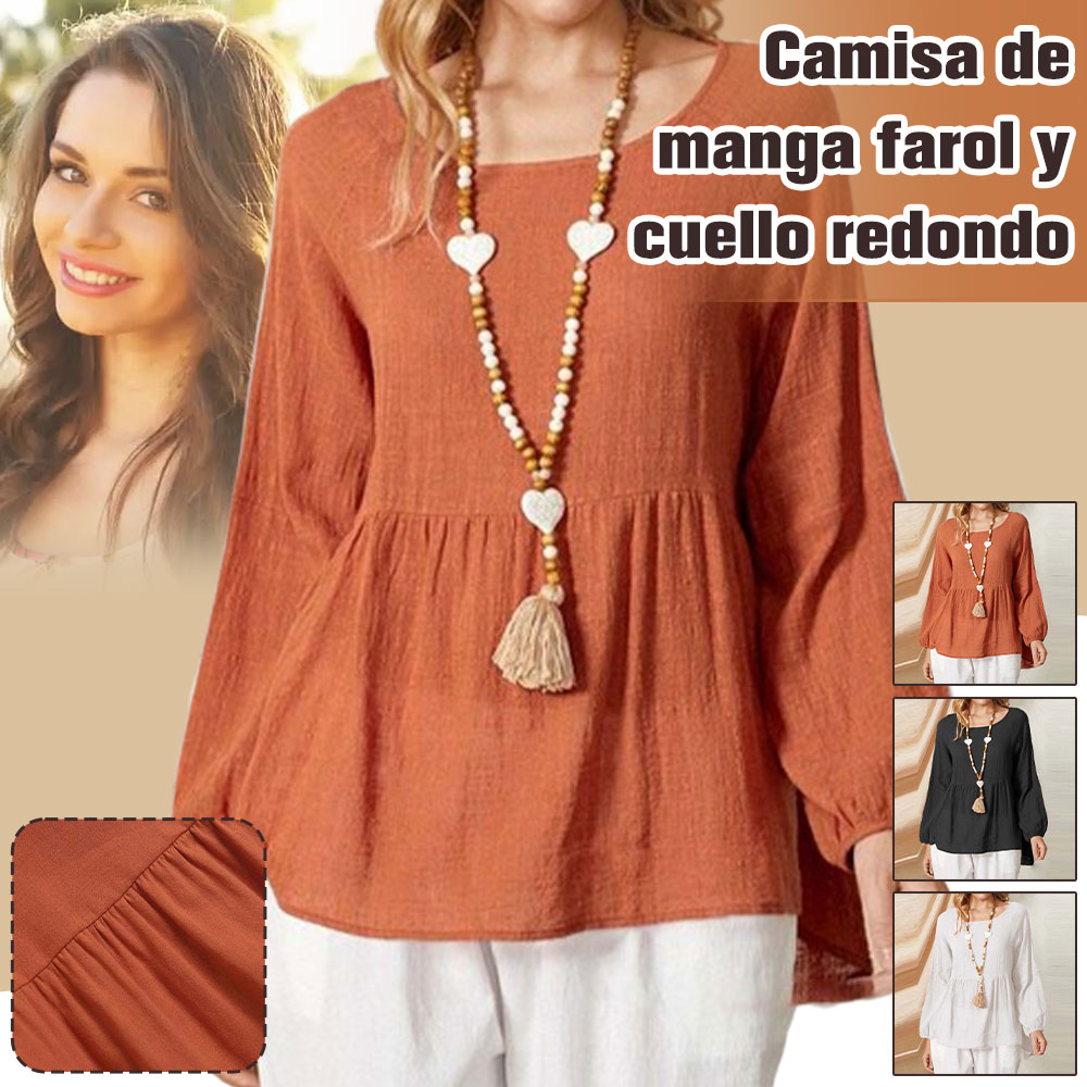 Camisa holgada de algodón y lino con mangas farol para mujer