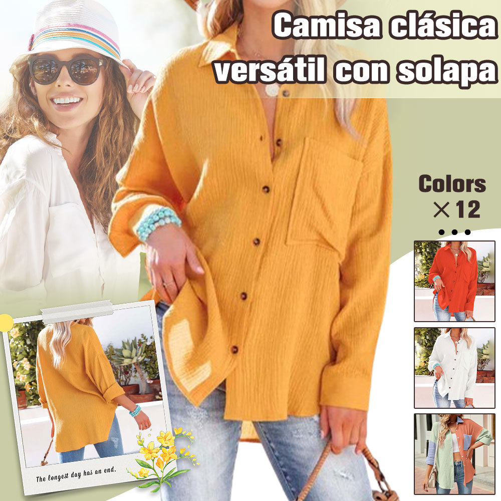 Camisa casual de manga larga con botones y solapa para mujer