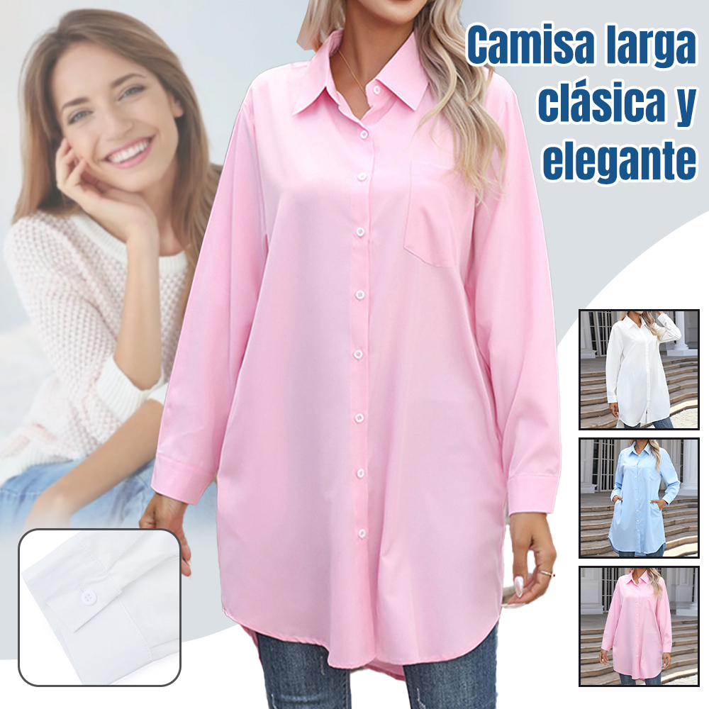 Camisa larga de manga larga de color liso a la moda para mujer