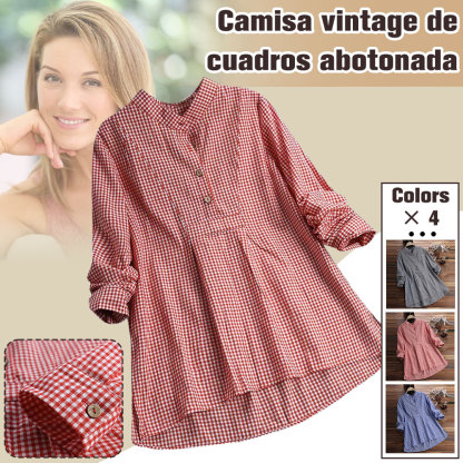Camisa de manga larga a cuadros con cuello en V para mujer de primavera