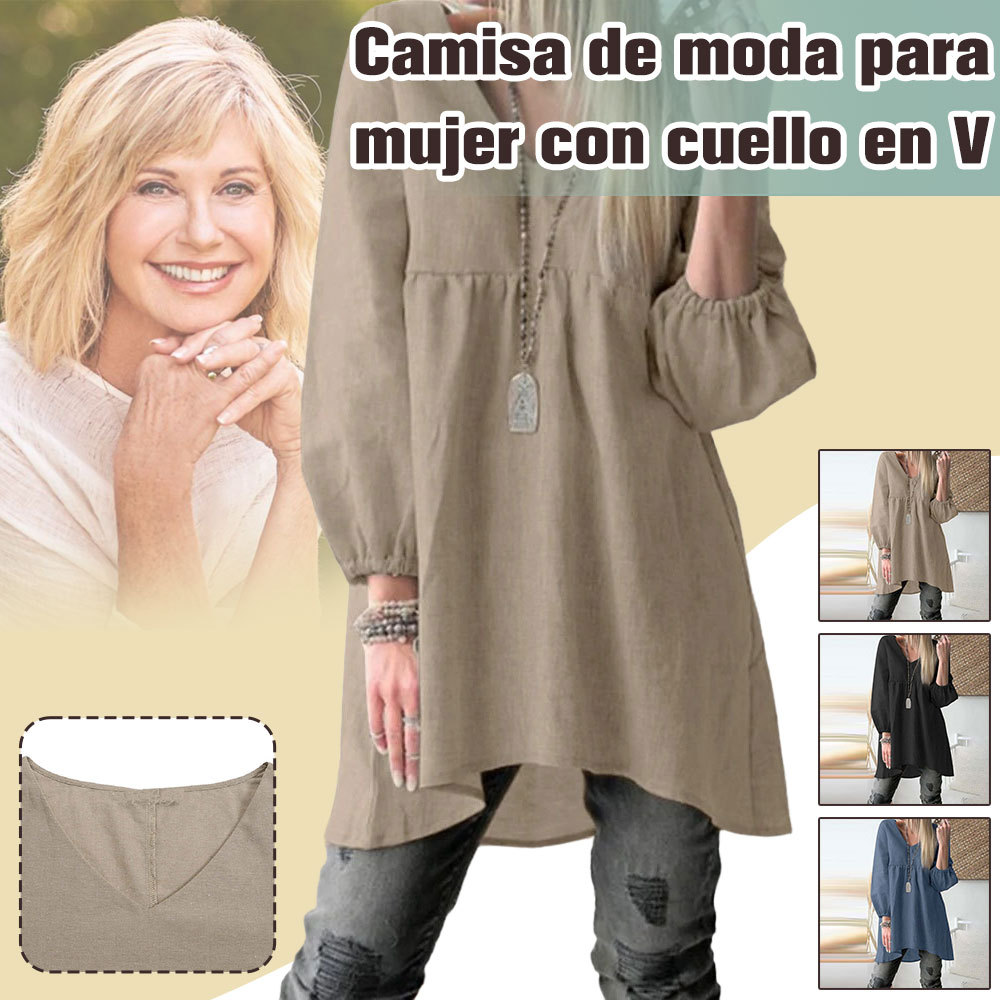 Camisa de mujer de algodón y lino con manga farol de color liso