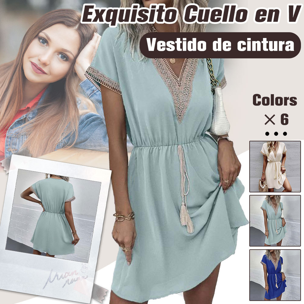 Vestido de cintura con cuello en V de moda de verano para mujer