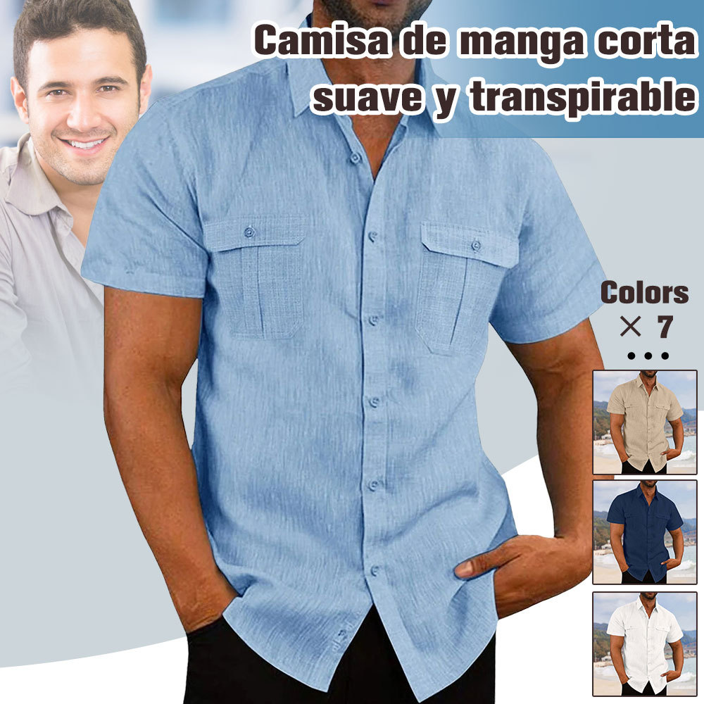 Camisa de hombre de manga corta de algodón y lino transpirable