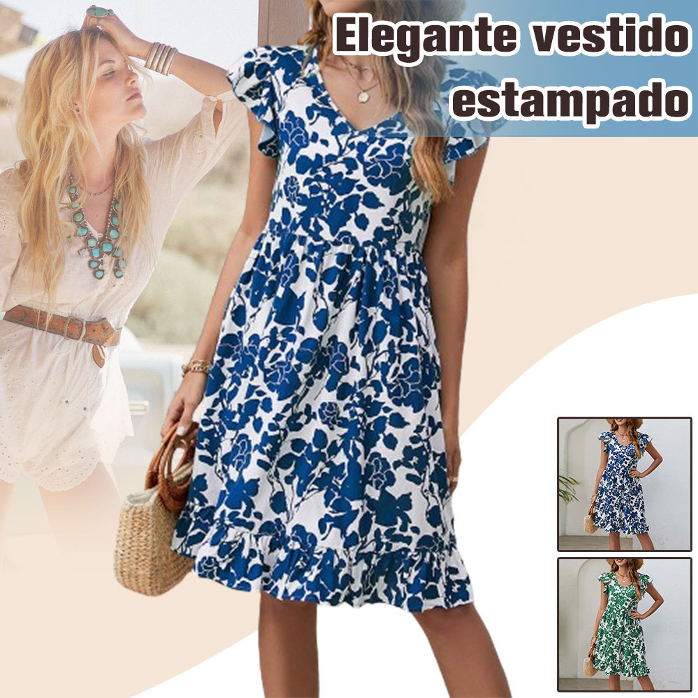 Vestido resort informal con cuello en V y estampado de hojas para mujer