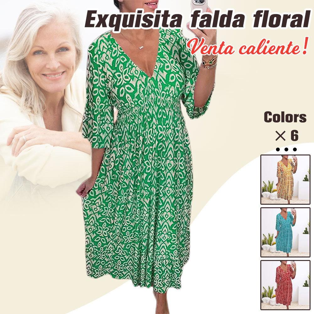 Nuevo Vestido floral con cuello en V y talla grande para mujer