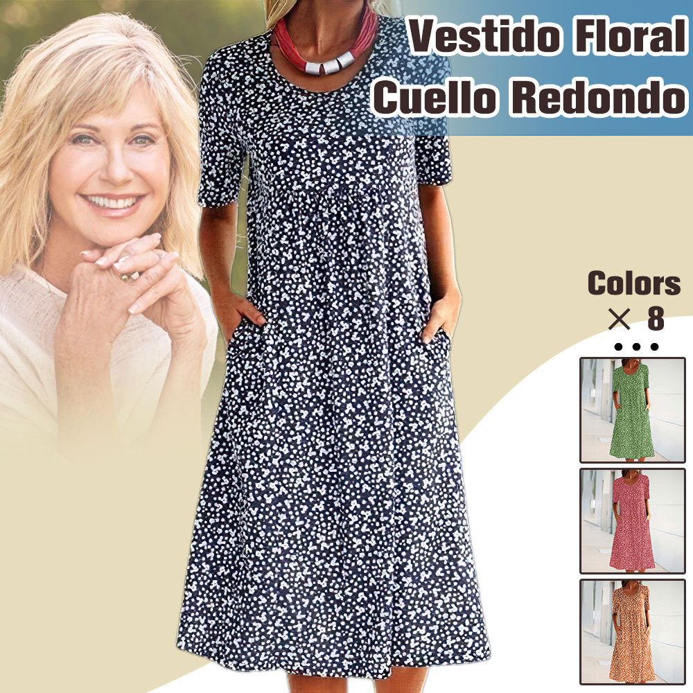 Vestido floral casual de algodón con cuello redondo para mujer