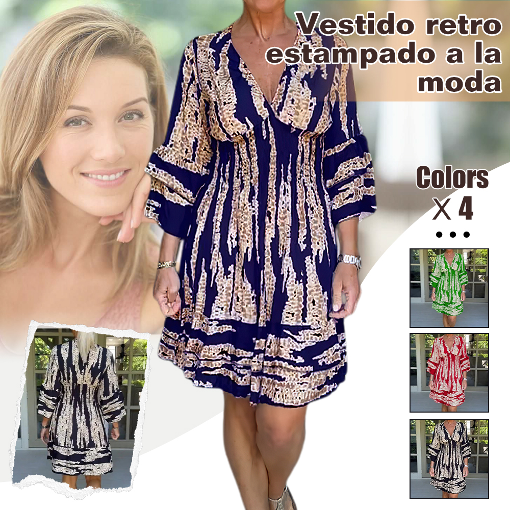 Vestido estampado con cuello en V y mangas acampanadas