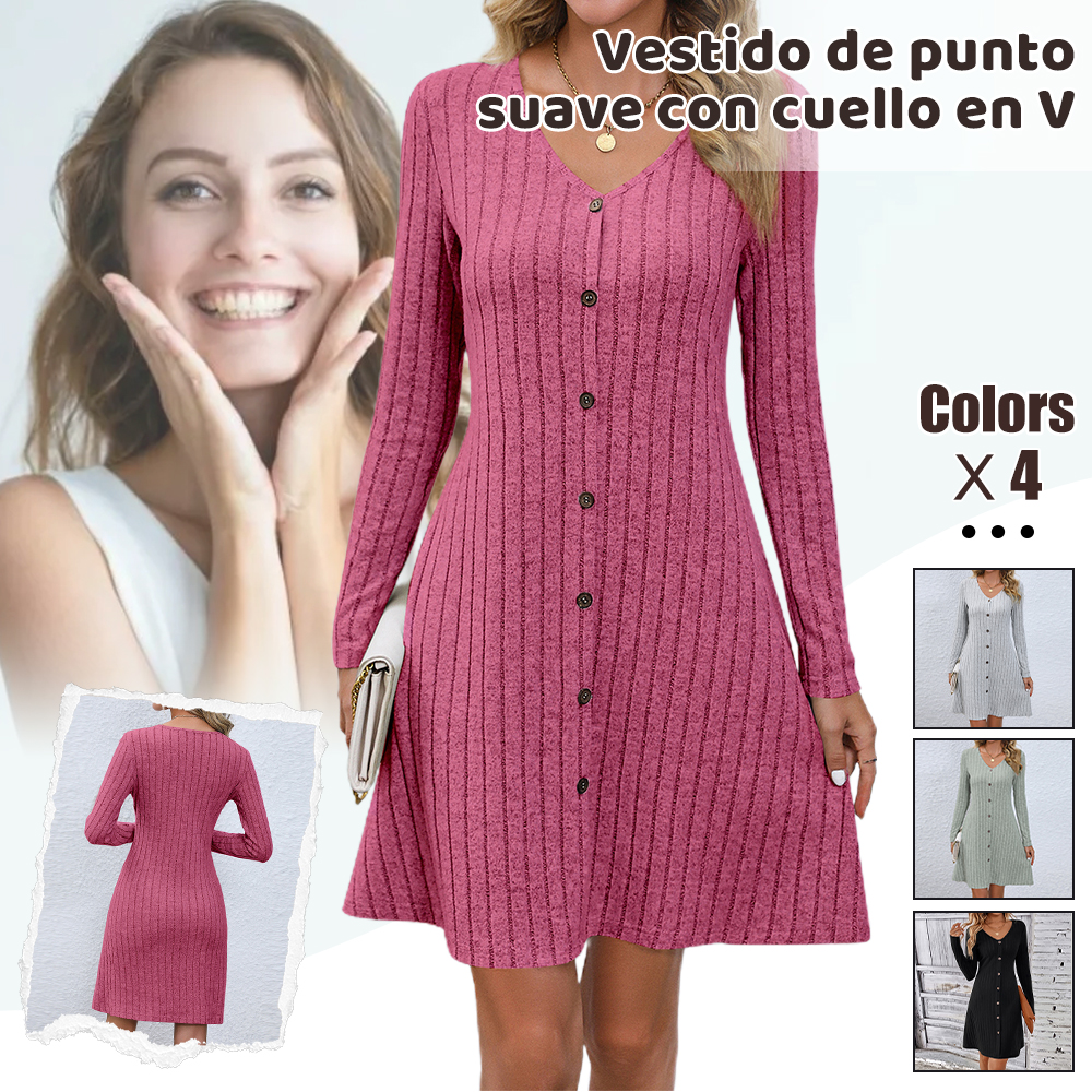 Elegante vestido de punto de manga larga con cuello en V y botones