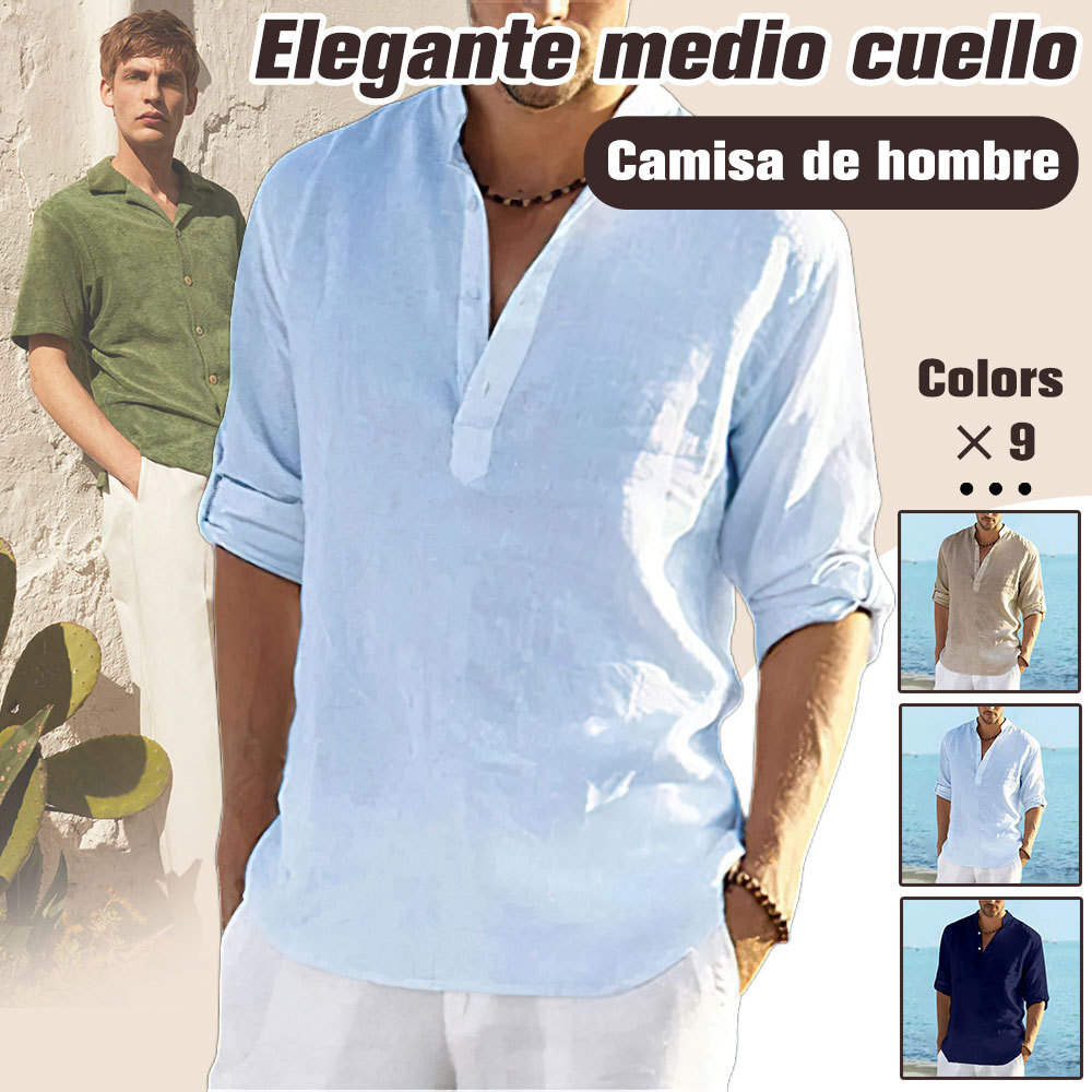 2024 nuevas camisas de algodón y lino de color sólido para hombres