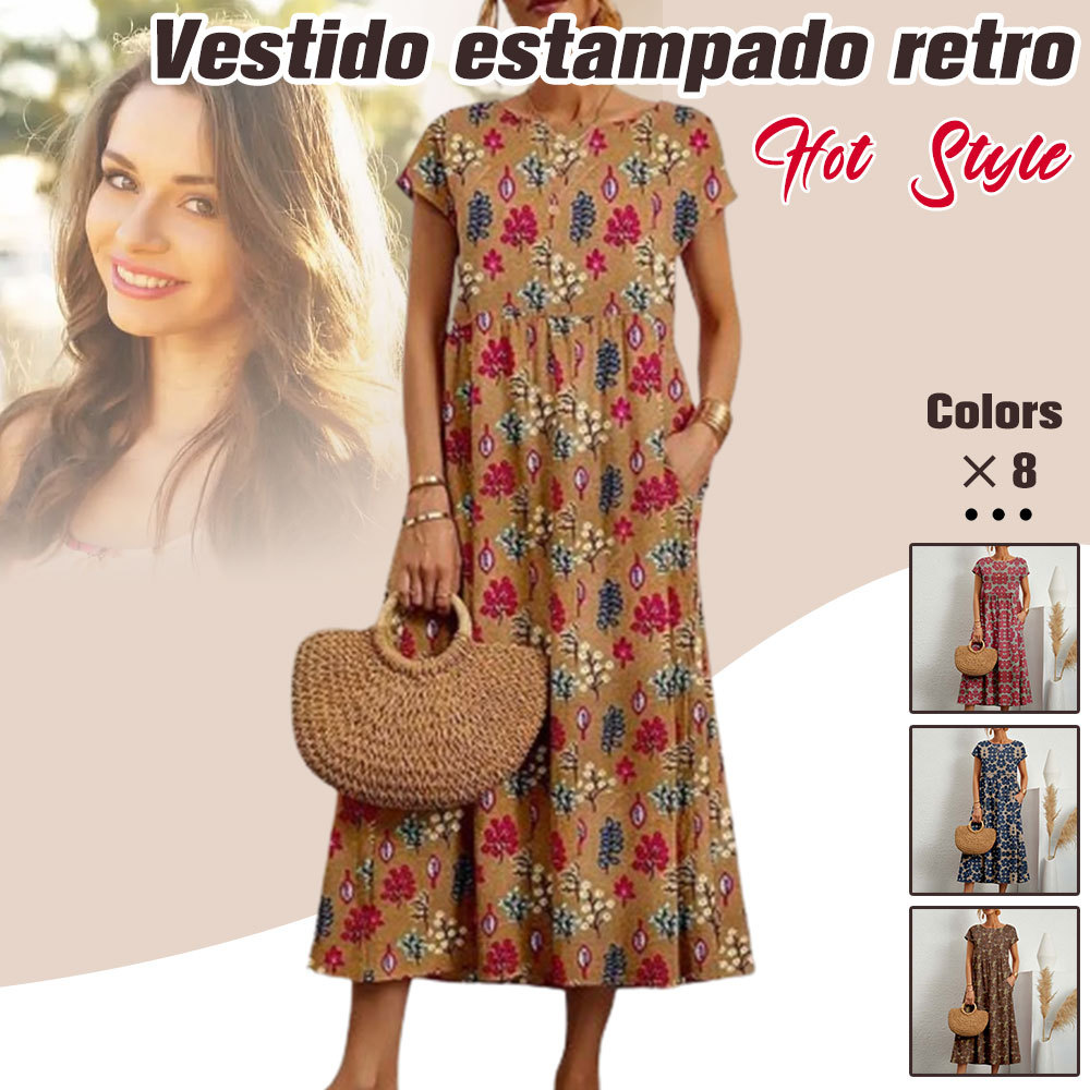 Vestido holgado estampado de manga corta de algodón y lino