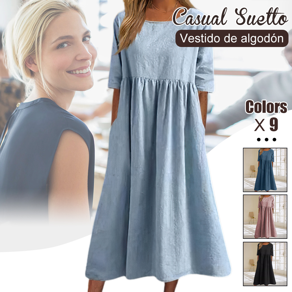 Nuevo vestido suelto de cuello redondo de algodón y lino de verano