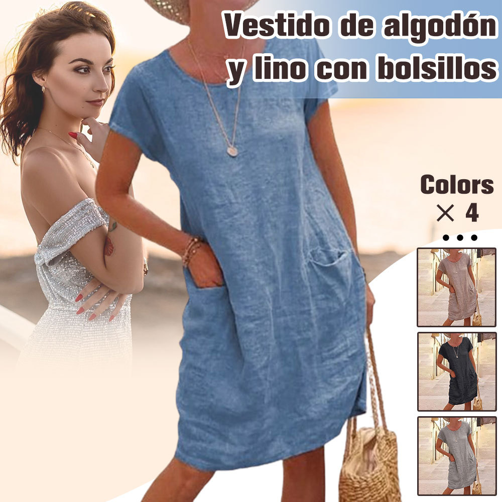 Vestido de mujer de algodón y lino con cuello redondo y manga corta