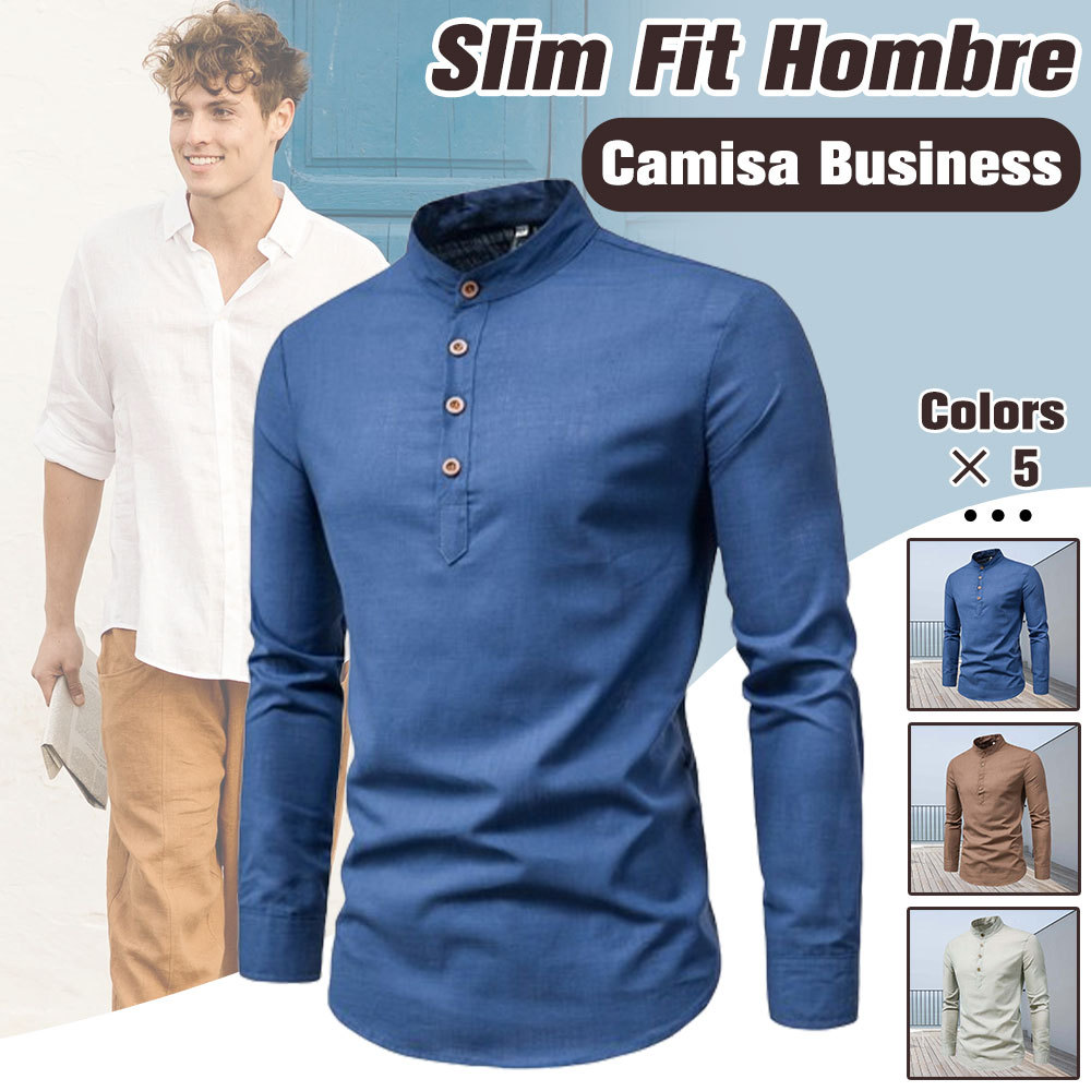 Camisa de hombre de manga larga con cuello levantado de algodón y lino slim fit