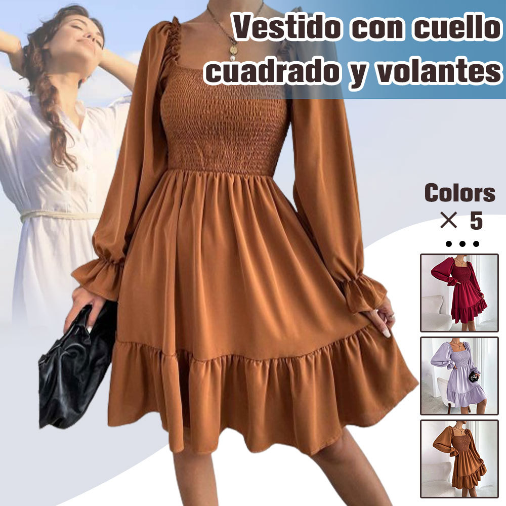 Vestido plisado con volantes y cuello cuadrado de temperamento 2024