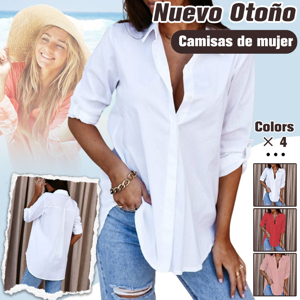 Camisa casual de manga larga con botones y cuello en V para mujer