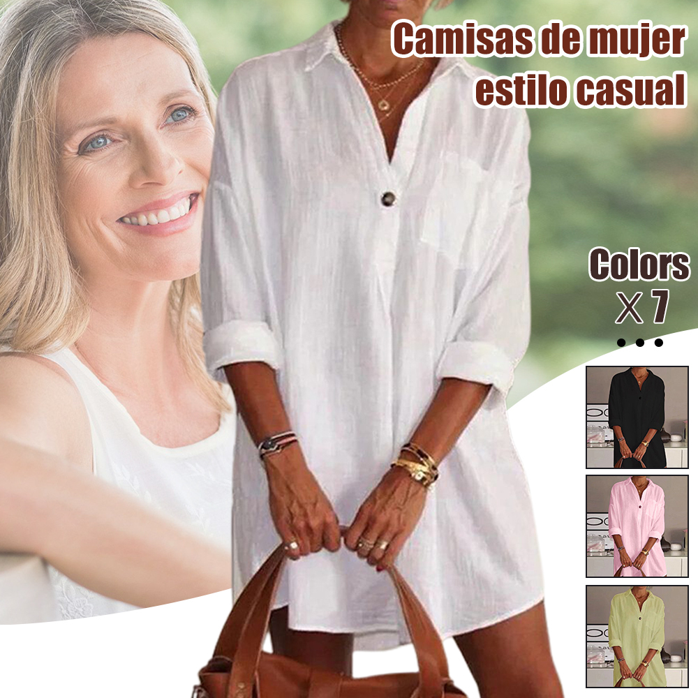 Camisa de manga larga con cuello en V y longitud media para mujer