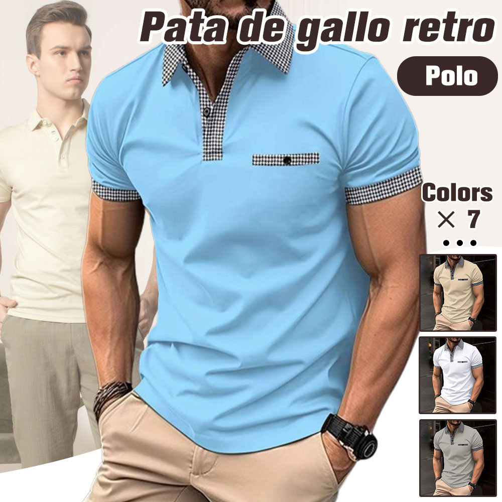 Polo de manga corta informal de pata de gallo de verano para hombre