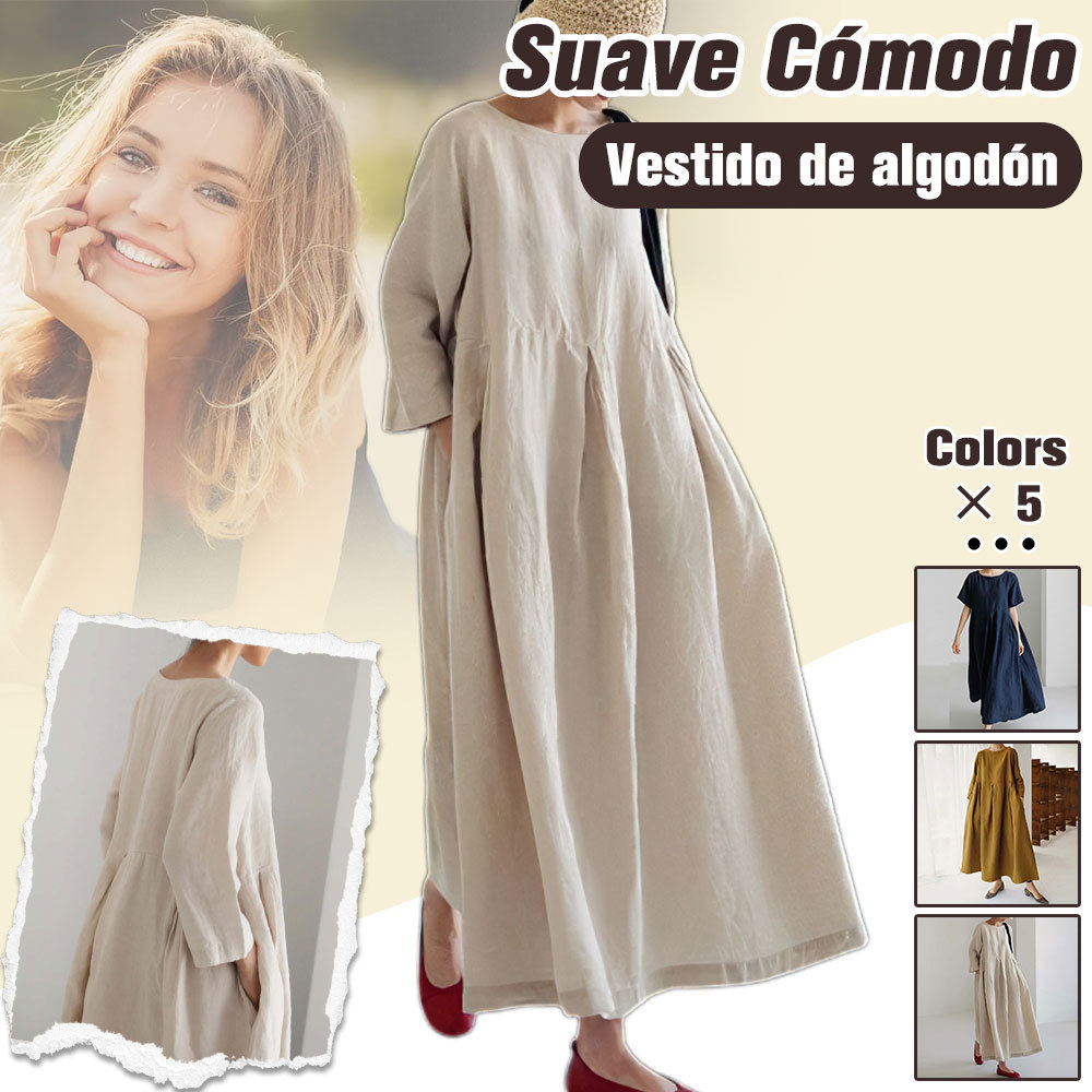 Vestido casual de algodón y lino con cuello redondo de primavera y otoño
