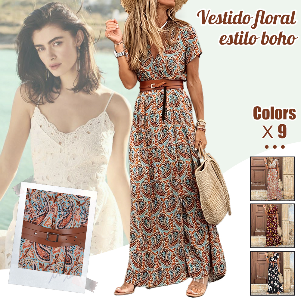Vestido de verano con cintura floral y cuello en V para mujer