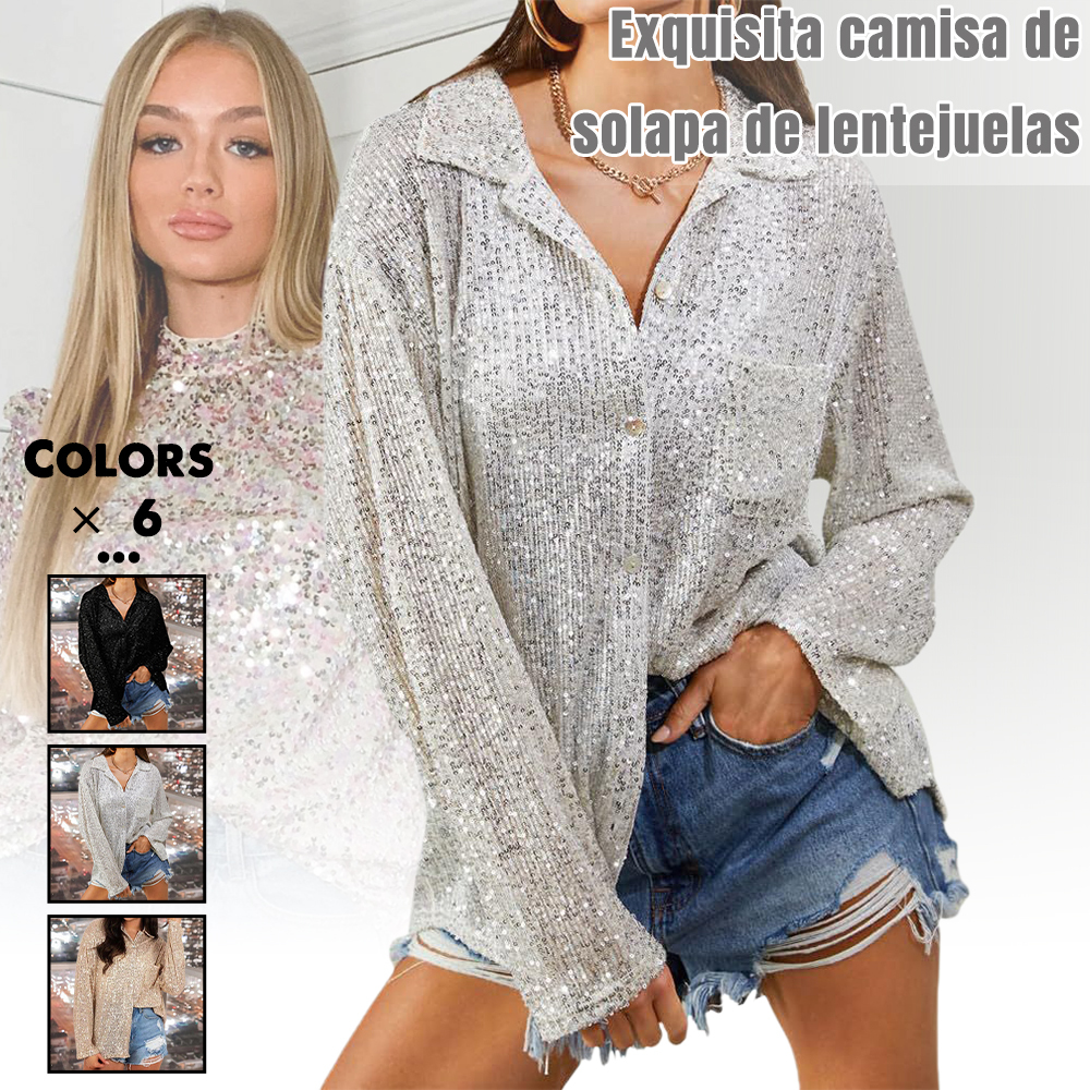 2024 Camisa de solapa de manga larga con lentejuelas para mujer