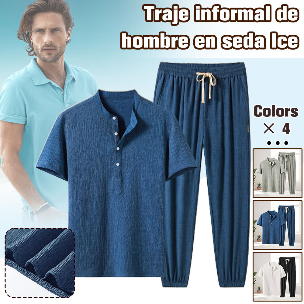 Traje de verano para hombre, pantalón de manga corta de seda helada