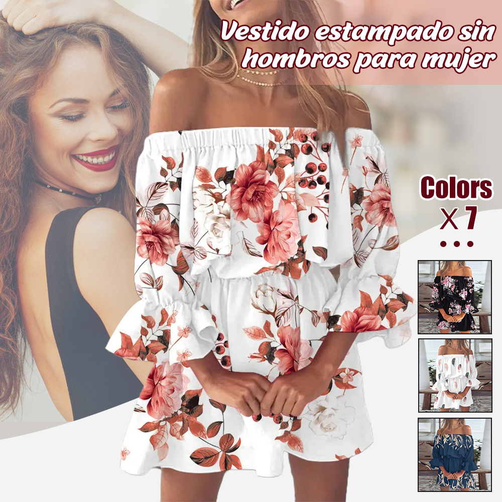 Vestido estampado con hombros descubiertos y volantes