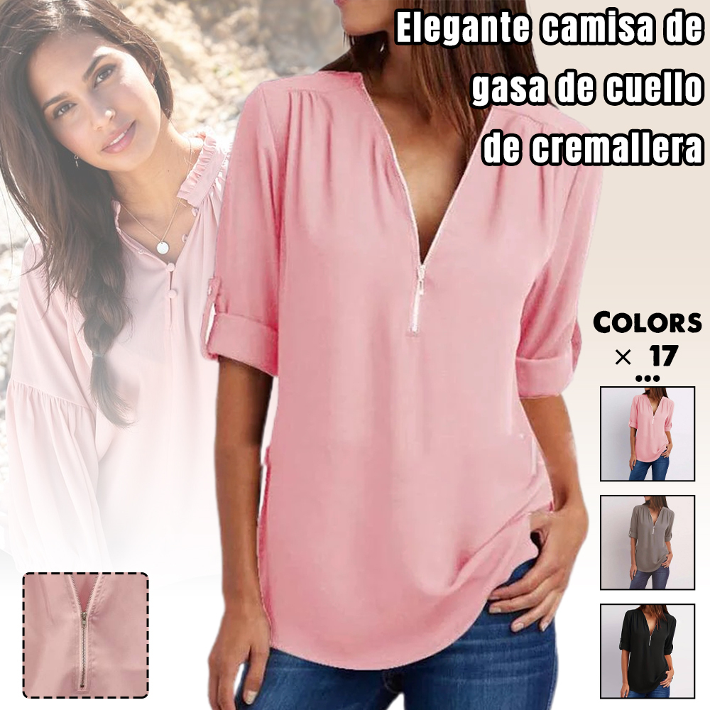 Camisa de gasa con cuello en V a la moda de verano para mujer