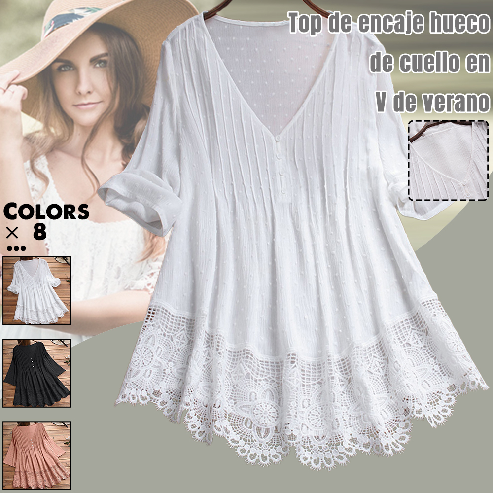 Camisa de manga corta hueca con cuello en V femenina de verano