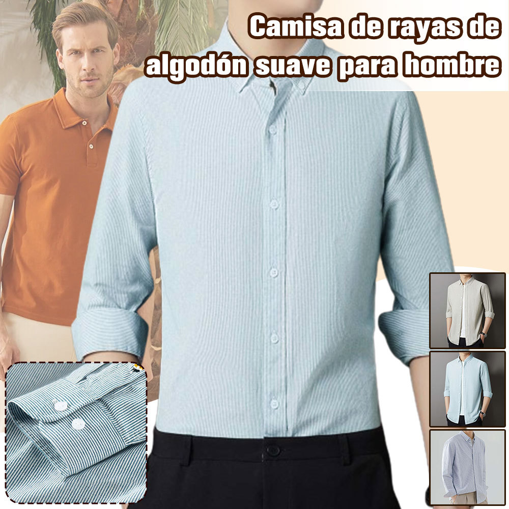 Camisa de manga larga a rayas con solapa de algodón para hombre