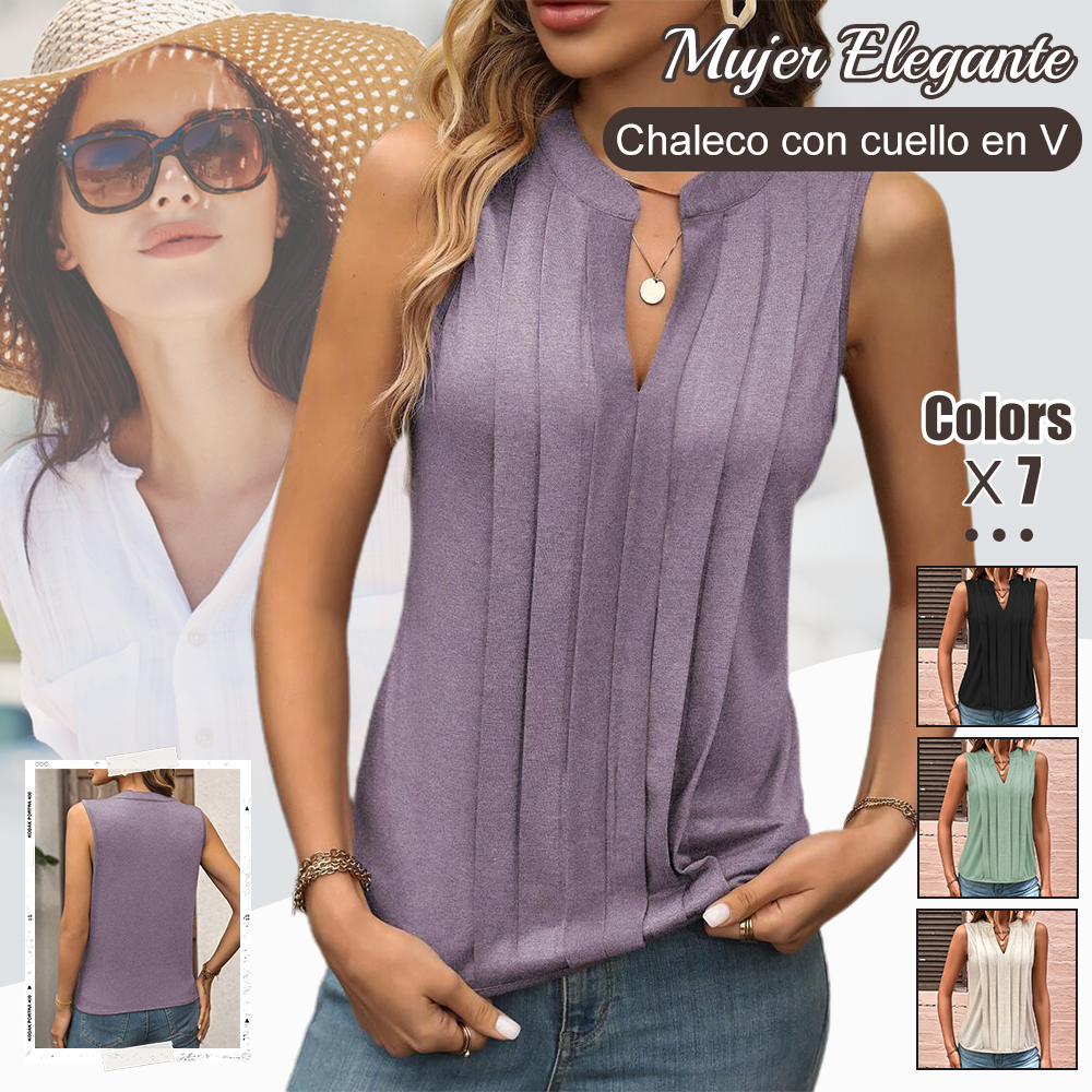 Camisetas plisadas con cuello en V para mujer, nueva moda de verano