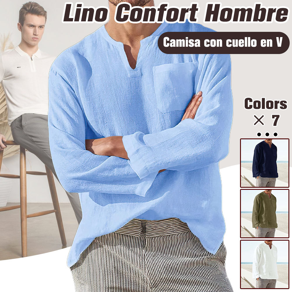 Camisa casual de lino con cuello en V y manga larga para hombre