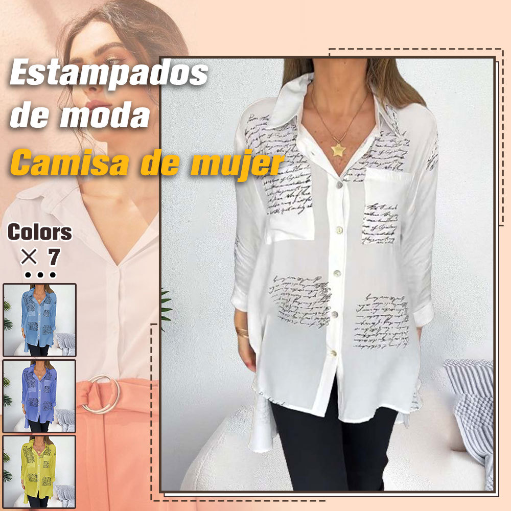 Camisa con solapa de moda con estampado de letras