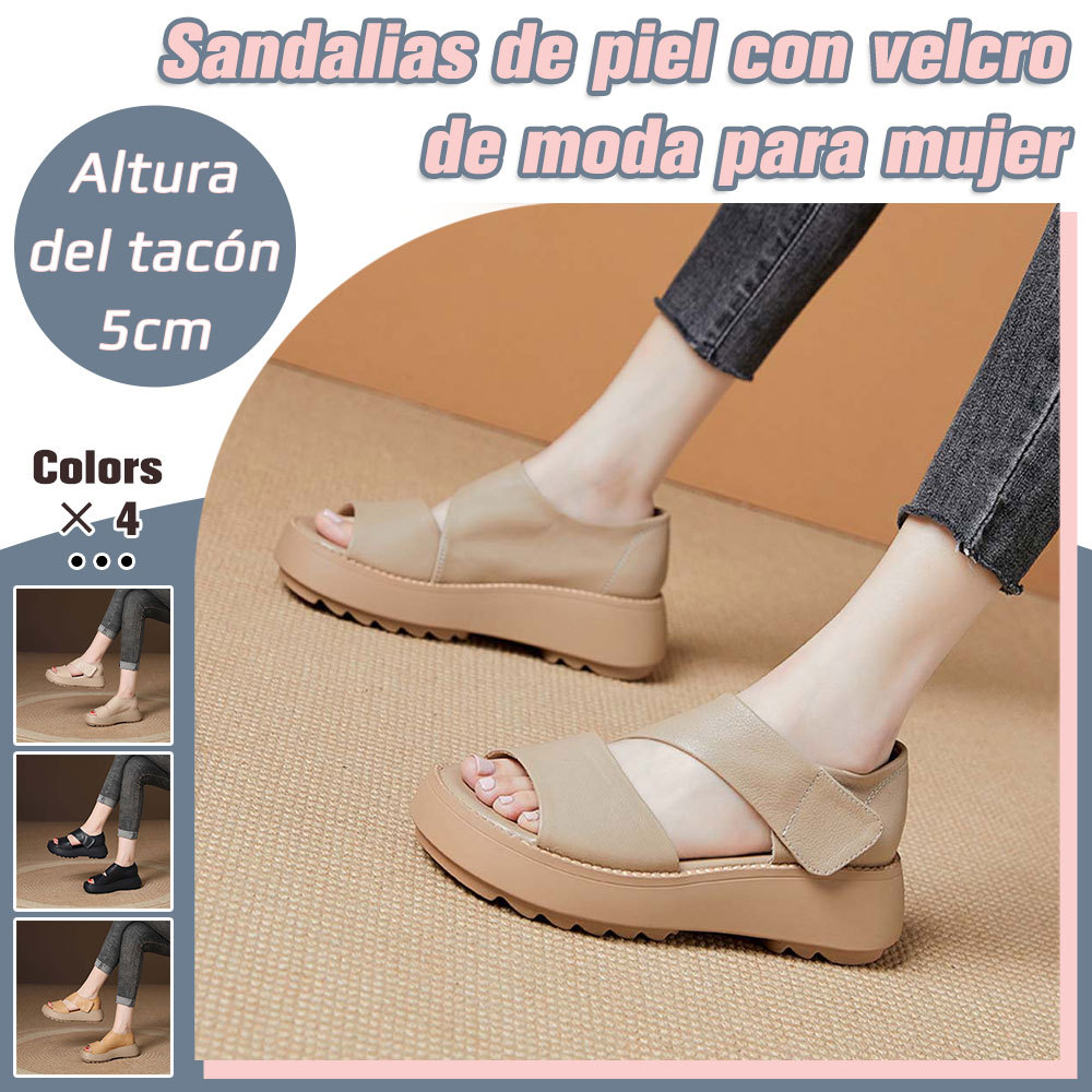 Sandalias informales de piel con velcro y suela gruesa para mujer